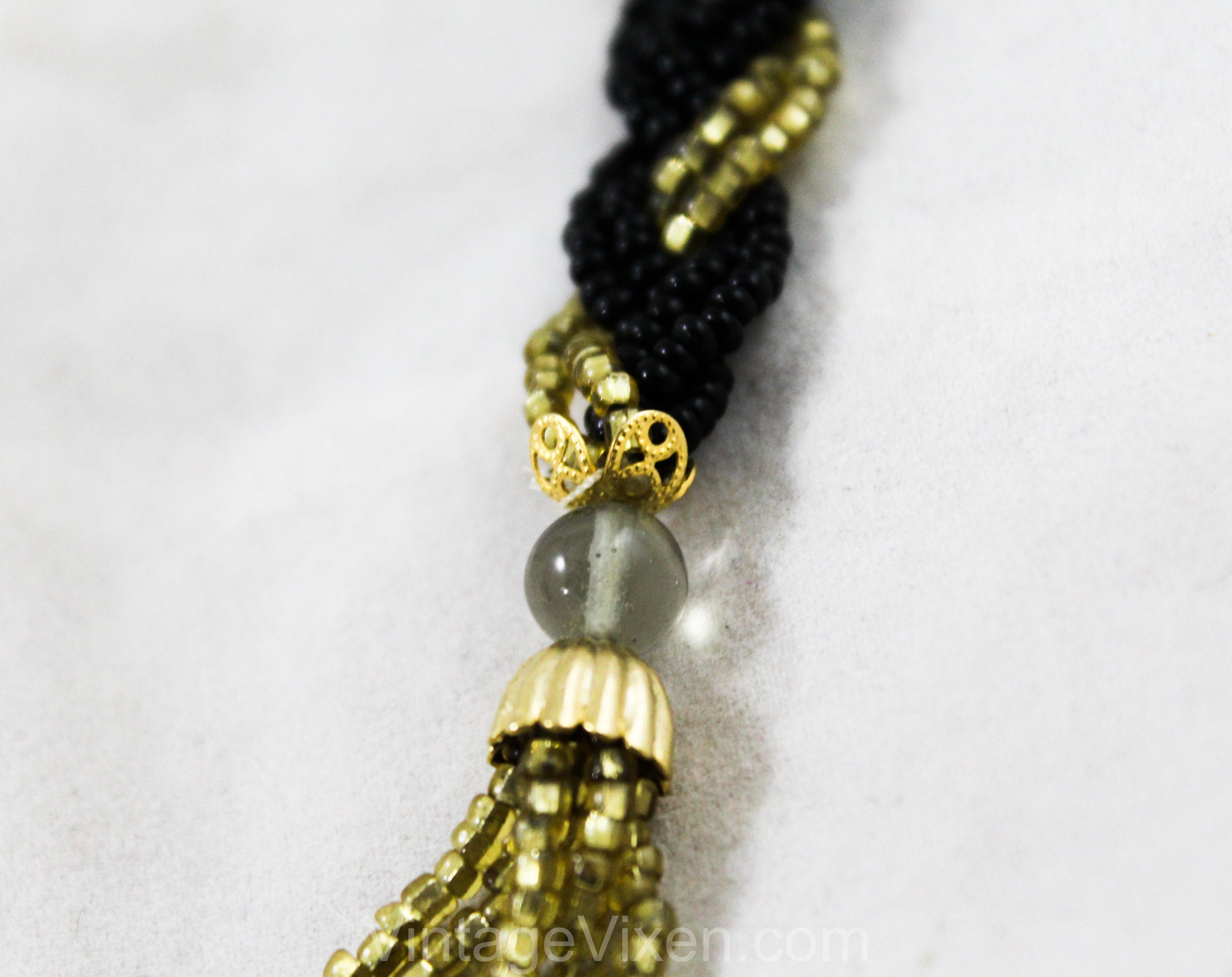 Glass Seed Bead Braided Belt with Tassel Beaded Braid Belt with Tassels - Black & Gold Glass Beads  main image 3