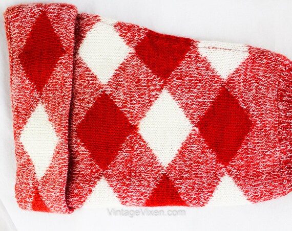 1950s Arm Warmers - Cherry Red & White Wool Argyl… - image 3