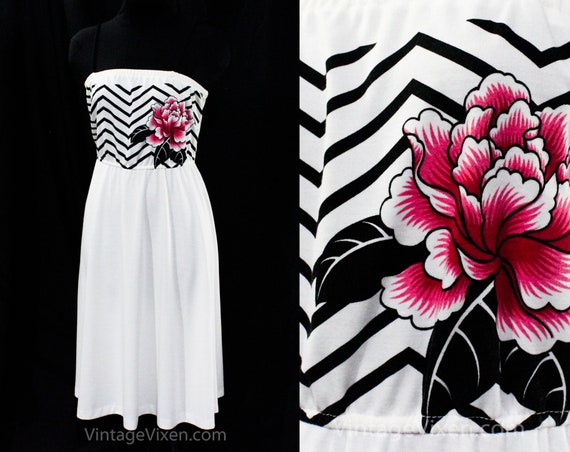 1980s Sun Dress - Black & White Zig Zag with Fusc… - image 1