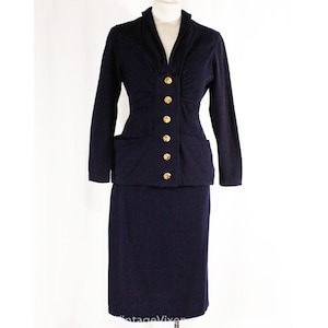 Size 6 1940s Suit - Navy Blue 40s Jacket & Skirt Set - Jacques Fath Look with Spiraling Metal Buttons - Pannier Pockets - Ruching - WWII Era