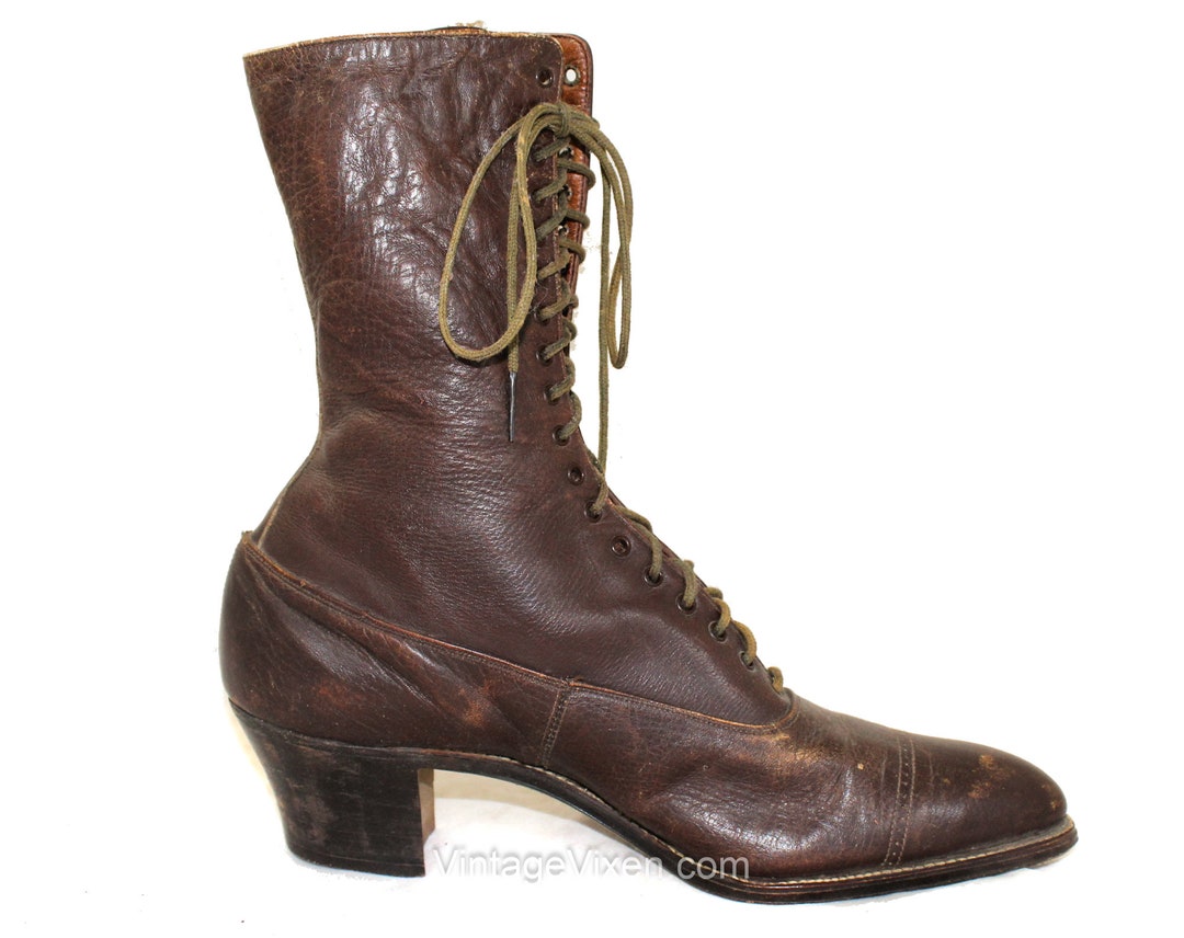 Victoriaanse laarzen 19e eeuw bruine leren oma laarzen met
