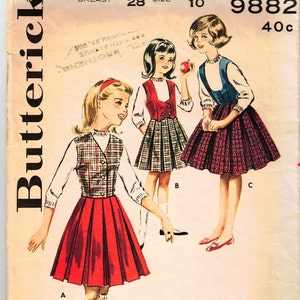 1950s Girl&#39;s Size 10 Sewing Pattern - Vest Weskit & Pleated Full Skirt - Three Different Necklines - Charming Classic 50s - Butterick 9882