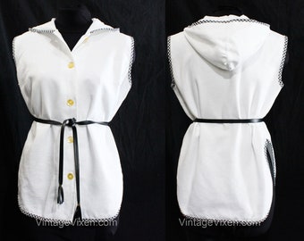 1950s Summer Shirt with Hood - Sleeveless White Cotton Top - Black Gingham Trim - Hooded 50s 60s Blouse & Tassel Belt - Medium Size 8 NWT