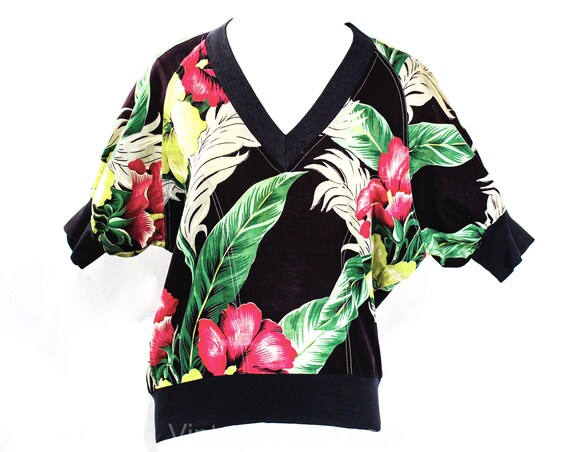 Large 1940s Style Tropical Floral Top - Black Pin… - image 1