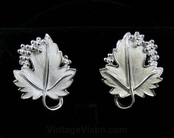 White Leaf & Berries Earrings - 50s Classics - Leafy Enamel - Bright Silver Detail - 1950s - Leaves - Clip On - Deadstock - 42402