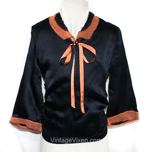 1920s Silk Blouse - As Is Navy Blue Satin & Orange Chiffon Trim - Late 1910s 20s Flapper Top - Small Size 2 Sailor Style Shirt - Bust 32