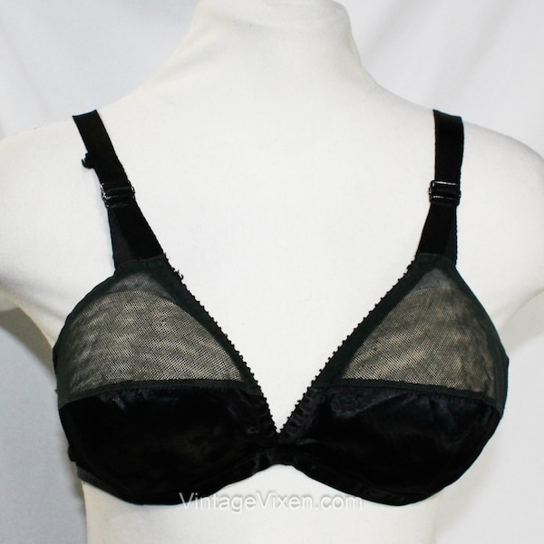 1930s Satin Bra - 34B 34C Authentic 30s Black Lingerie - Sexy Pin Up Girl Sheer Net Half Cups - 30s 40s Rayon by Madame Adrienne Paris 34 B