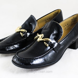 Size 7.5 Black Loafers - Unworn 1960s Glossy Patent Leather Style Shoe - Hipster Mod Preppy 60s Pump - Brassy Metal Bit Buckle - NIB 7 1/2 N