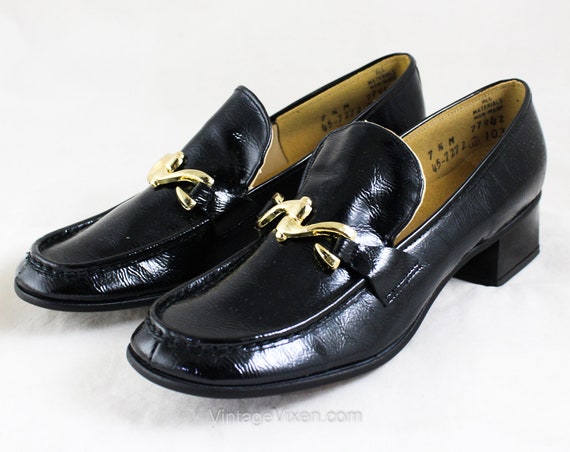 Size 7.5 Black Loafers - Unworn 1960s Glossy Patent Leather Style Shoe - Hipster Mod Preppy 60s Pump - Brassy Metal Bit Buckle - NIB 7 1/2 N