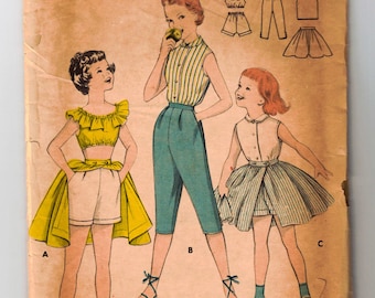 1950s Girl's Size 6 Sewing Pattern - Bare Midriff Crop Top & Full Skirt - 50s Summer Shirt with Kids Capri Pant and Shorts - Butterick 7370