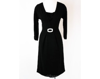 1950s Little Black Dress - Sleek 50s Crepe Cocktail with Deco Shell Buckle - Elegant Quality LBD - Paul Sachs Label - Waist 27