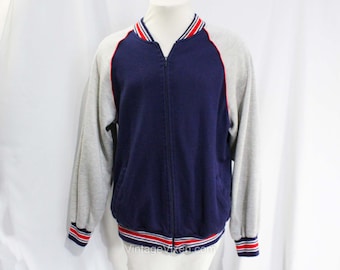 Men's XL 1970s Track Jacket - Zipper Front - Navy Blue & Red Racing Stripe Long Sleeve Sports Windbreaker - Old School Athletics - Chest 48