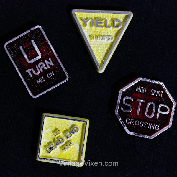 1970s Kitchen Magnets Set of 4 - Mini Skirt Crossing, U Turn Me On, No Dead End Here, Yield Traffic Sign Hippie Plastic Refrigerator Magnet