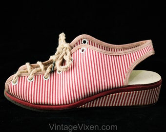 Girl's Size 13 Shoes - Summer 1940s Girls Red Striped Cotton Espadrilles - Deadstock Beachy Summer 40s Child's Peep Toes - Original Laces