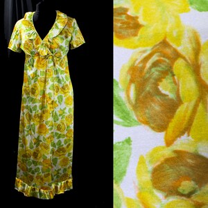 1960s Roses Print Robe - Small Medium Size 8 60s Summer Lingerie - Orange Gold Yellow Green Floral Tricot Empire Wrap Lounger - Ruffle Trim