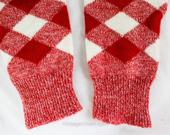 1950s Arm Warmers - Cherry Red & White Wool Argyl… - image 2