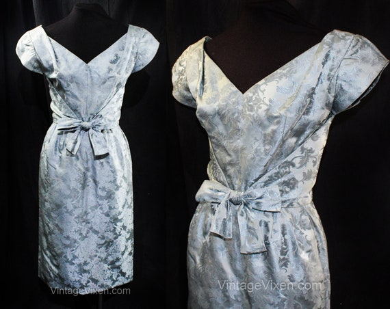 1950s Designer Dress - XS Powder Blue Silk Satin … - image 1