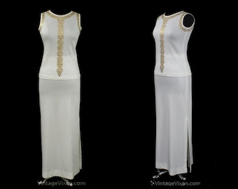 Size 4 Mod 1960s Dress - Sleeveless Sexy White Knit with Gorgeous Brassy Metal Discs - Amazing Modernist Chic from 60s Italy - Bust 33 to 34