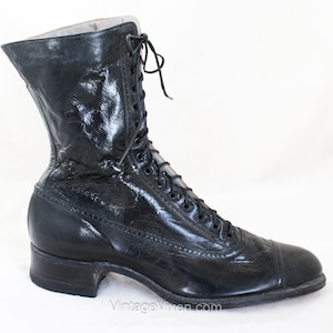 Victorian Lace Up Boots - 1800s 1900s Black Leather Granny Boots - Small Size Antique Footwear - Dr Morse's Stylish Health Shoes - Deadstock