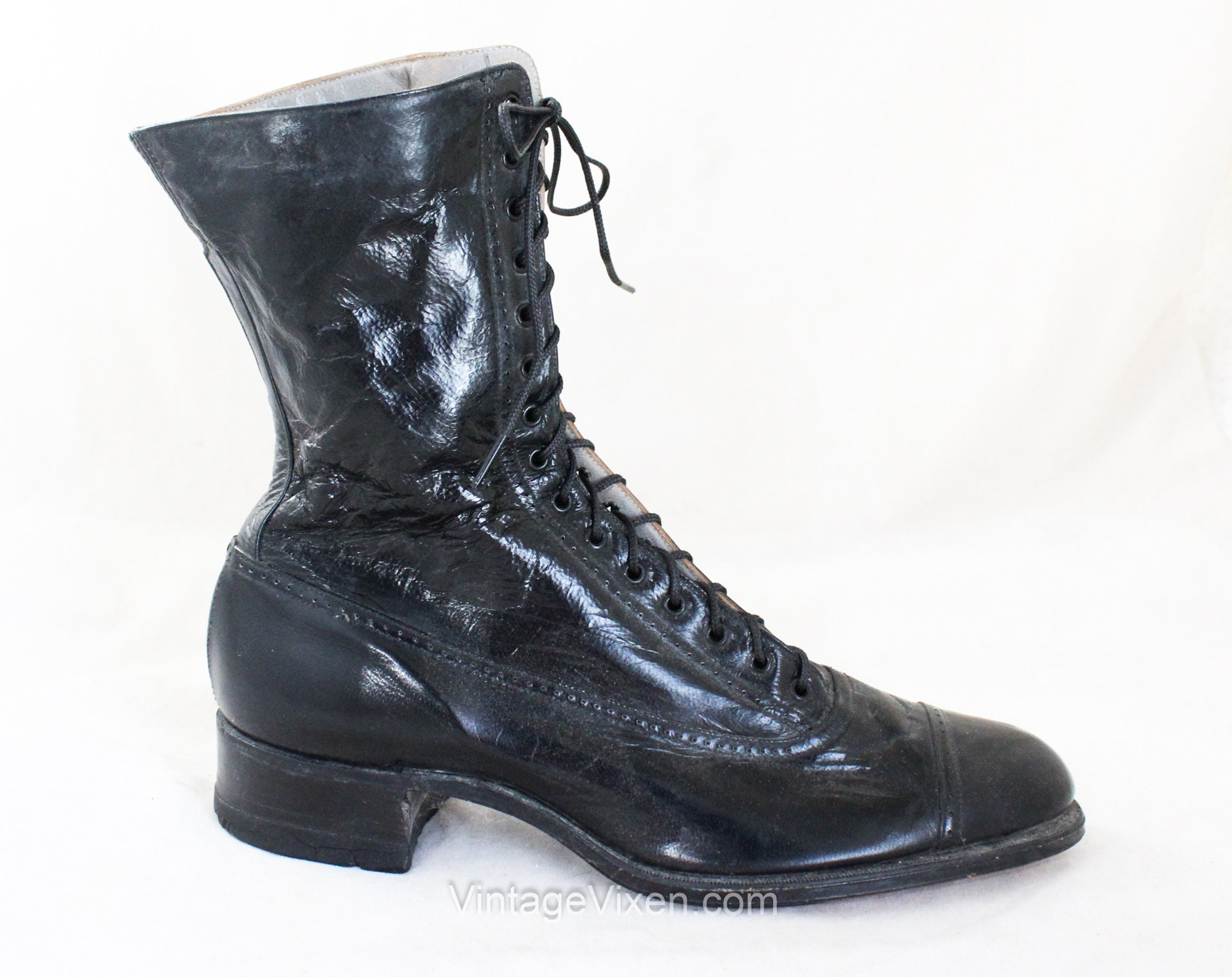 Victorian Lace up Boots - 1800s 1900s Black Leather Granny