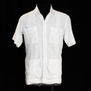 Men&#39;s 1930s Guayabera Shirt - Rare Authentic 20s 30s Fine White Linen Resort Shirt - Riskal Label - Summer Casual Short Sleeve - Chest 41