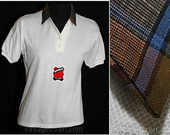 1950s White Polo Shirt with Plaid Collar - Ladies Size 12 Medium to Large - Blue Brown 50s Preppy Summer Deadstock Top - Bust 37.5