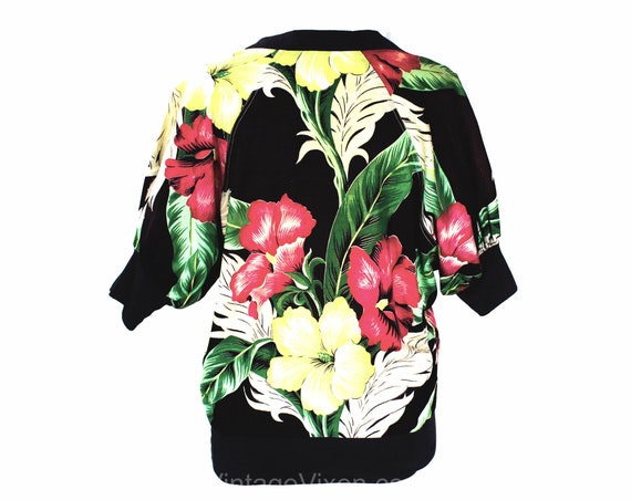 Large 1940s Style Tropical Floral Top - Black Pin… - image 6