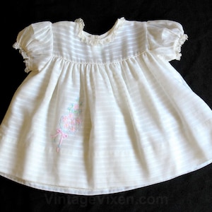 50s Baby Dress - Size 6 Months - 1950s White Cotton Frock - Antique Style Layette - Pink & Blue Flower Bouquet Embroidery - Hand Sewn Detail