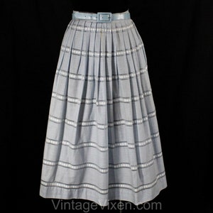 1950s Gingham Skirt - Light Blue Checked Cotton 50s Full Pleated Summer Skirt with Original Belt - Sheer Stripes - Size 6 Waist 26 - 50144