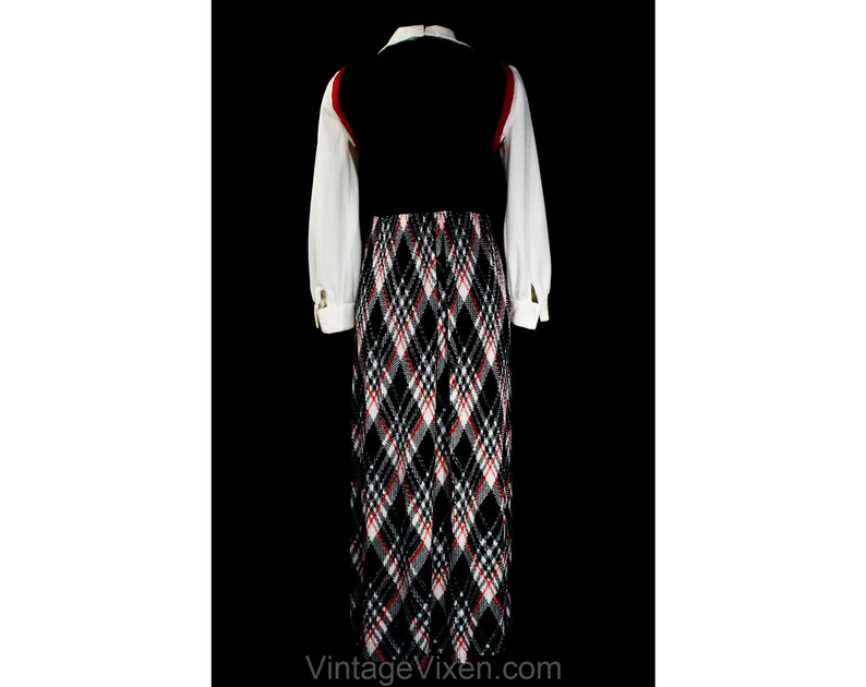 Size 6 Maxi Dress Small 70s Black Red & White Color Block Bodice and Plaid Polyester Knit Long Sleeve 1970s Fall Autumn Preppy Bust 34 image 8