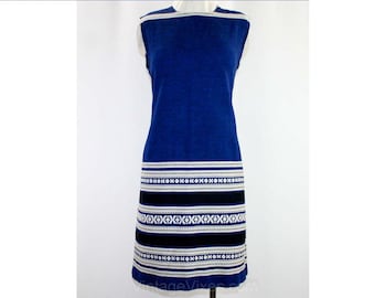 Girls Blue Dress - Mediterranean Cotton Shift Dress - 60s Indigo Navy & White Border - Made in Greece - Child Size 12 or Ladies Size 2