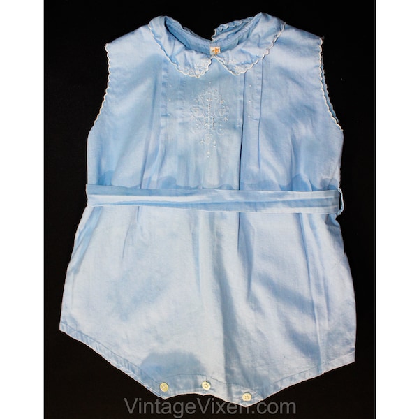 Charming 1920s Toddlers Blue Cotton One Piece Romper with Heirloom Embroidery - Size 12 to 18 Months - Infant Child's Pastel Bubble Suit