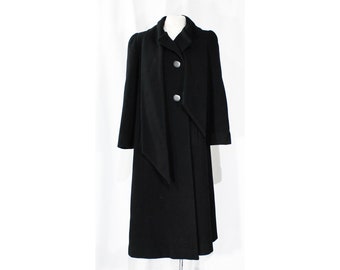 Black Winter Coat - Designer 80s Overcoat by Pauline Trigere with Muffler Neckline - Long Heavy Tailored Cold Weather - Size 10 Bust 39