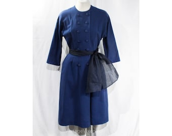 1950s Blue Wool Dress & Organdy Sash - Size 8 Medium 50s New Look Carnegie Tailored Nip Waist Shirtwaist - Pockets - Junior House Milwaukee