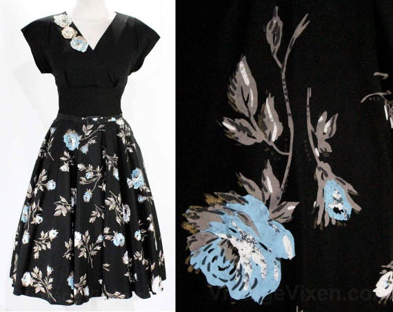 1950s Roses Dress - Mid Century 50s Glamour - Bla… - image 2