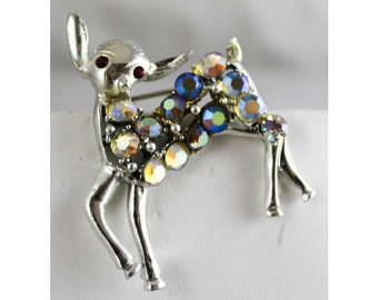 1950s Deer Pin - Rhinestone Brooch with Red Eyes - 50s 60s Novelty Animal Brooch - Woodland Fawn - Aurora Borealis & Silvertone Metal