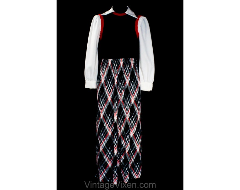 Size 6 Maxi Dress Small 70s Black Red & White Color Block Bodice and Plaid Polyester Knit Long Sleeve 1970s Fall Autumn Preppy Bust 34 image 1