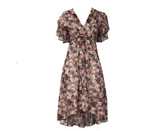 Vestido tamanho 0 para festa no jardim - Vestido de verão floral rosa malva transparente dos anos 70 com barra assimétrica - Vestido de verão tamanho PP estilo anos 30 - Mangas esvoaçantes - Busto 31