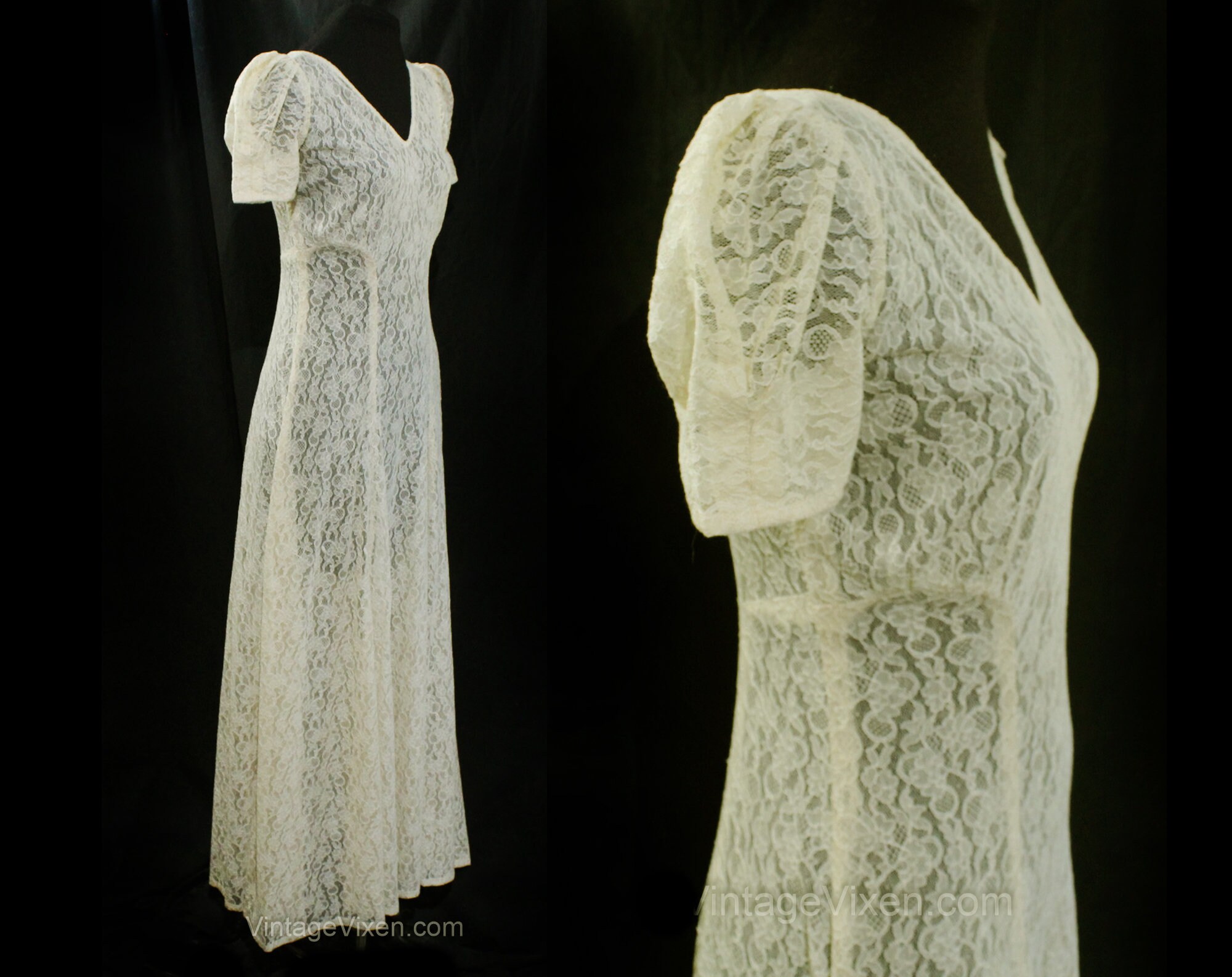 Size 8 1930s Dress Medium Bust 36 Puff Sleeves & Full Skirt Sheer Cream Floral Net Lace Evening Gown Authentic 30s See Through Frock