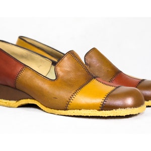 Size 7.5 1970s Platform Shoes - Rust Gold & Brown Hippie 1960s Patchwork Leather Shoe - Unworn 7.5 Narrow - Stitched Patches - 60s Deadstock