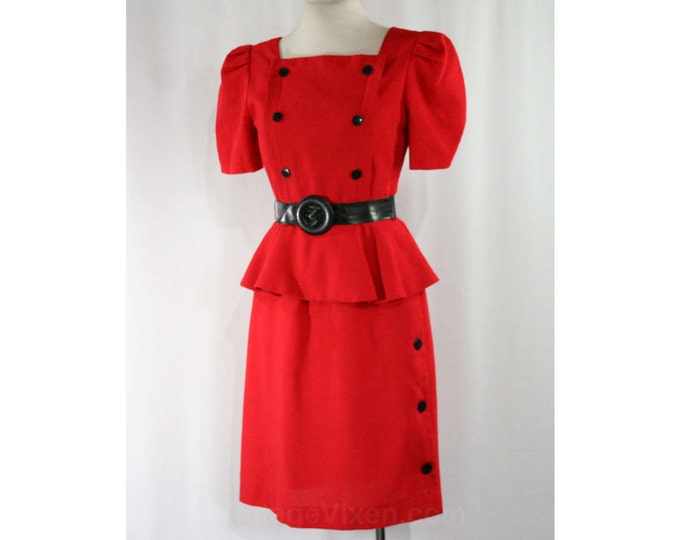Size 6 Red Dress & Black Belt 1940s Inspired 80s Design Short Sleeved