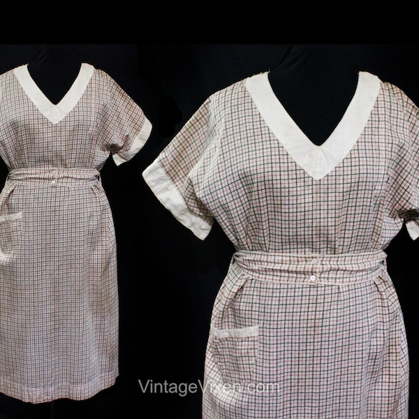 Large 1910s Dress - Antique Plaid Cotton Ladies' Chore Dress - Beige Red Black - 10s 20s Sheath Original Belt - Midwestern Farmer - Waist 33