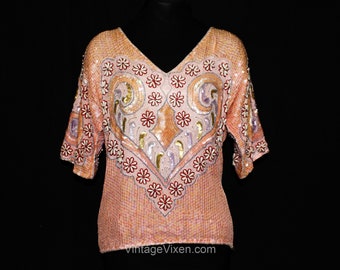 Hearts Evening Blouse - Haute Bohemian 1970s Heart Motif Sequin Top - Size 10 70s 80s Pink Formal Shirt - Unique Design - Bust 38 - 39002