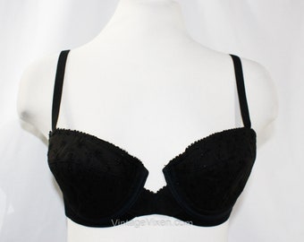 1960's Bali-lo Bow-bra, Black Lace Cup, Underwire, Hooks in Back, Elastic/ satin Adjustable Straps, Very Good Condition 