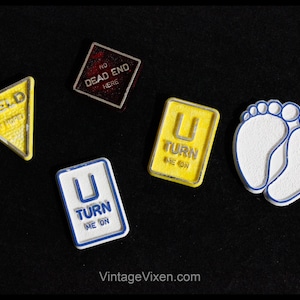 1970s Kitchen Magnets Set of 5 - U Turn Me On, No Dead End, Footprints - Kitsch Hippie Plastic Refrigerator Magnet - Various Colors