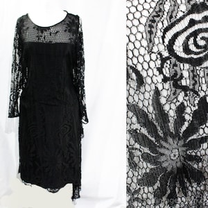 Large 1920s Dress - Authentic 20s Art Deco Black Flapper Frock - Size 12 Sheer Lace & Silk Satin - Long Sleeve - Cape Style Collar - Bust 38