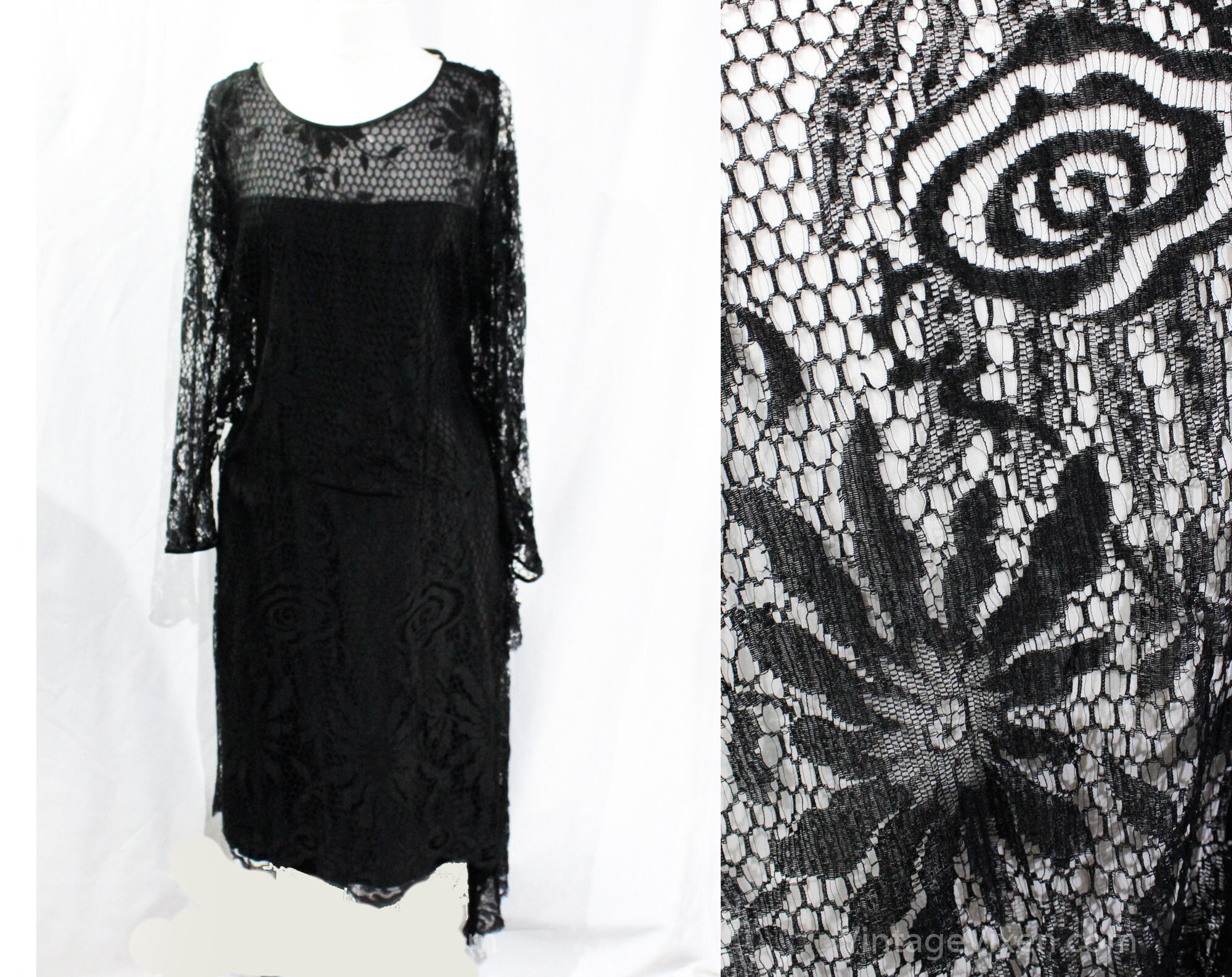 Large 1920s Dress - Authentic 20s Art Deco Black Flapper Frock - Size 12 Sheer Lace & Silk Satin - Long Sleeve - Cape Style Collar - Bust 38