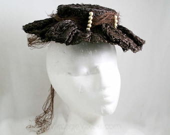 1940s Tilt Hat - Seaside Summer Brown Authentic 40s Millinery - Raffia Pearls & Net - Rustic Resort WWII Chic Doll Hat - Deadstock  41363