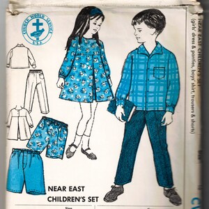 1950s 60s Child&#39;s Sewing Pattern - Size 10 Girls Dress & Boys Shirt Pants Shorts - Near East Asia Childrens Outfits - Church World Service