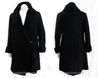 1920s Flapper Coat - Size 8 Black Faux Fur Wrap Overcoat with Bold Shawl Collar - Authentic 20s Tailored Chic - Pile Loss - Medium Size